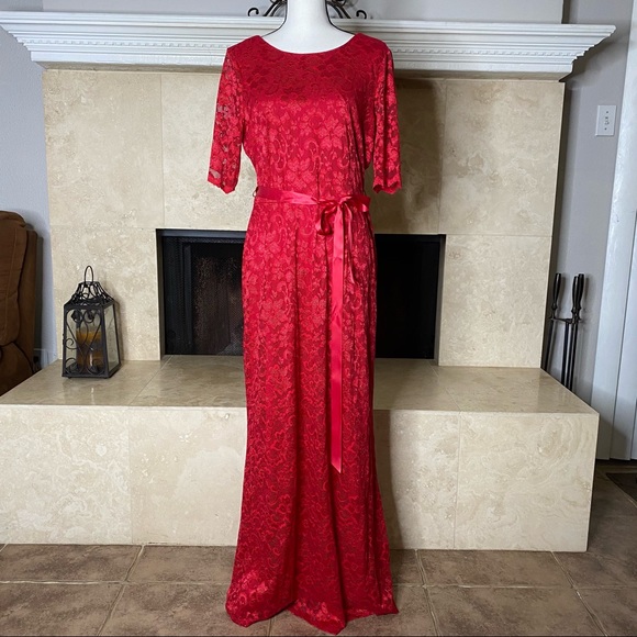 Leslie Fay Stretch Lace Illusion Tie Waist A-Line Gown Red Dress Size 12 - Picture 12 of 13